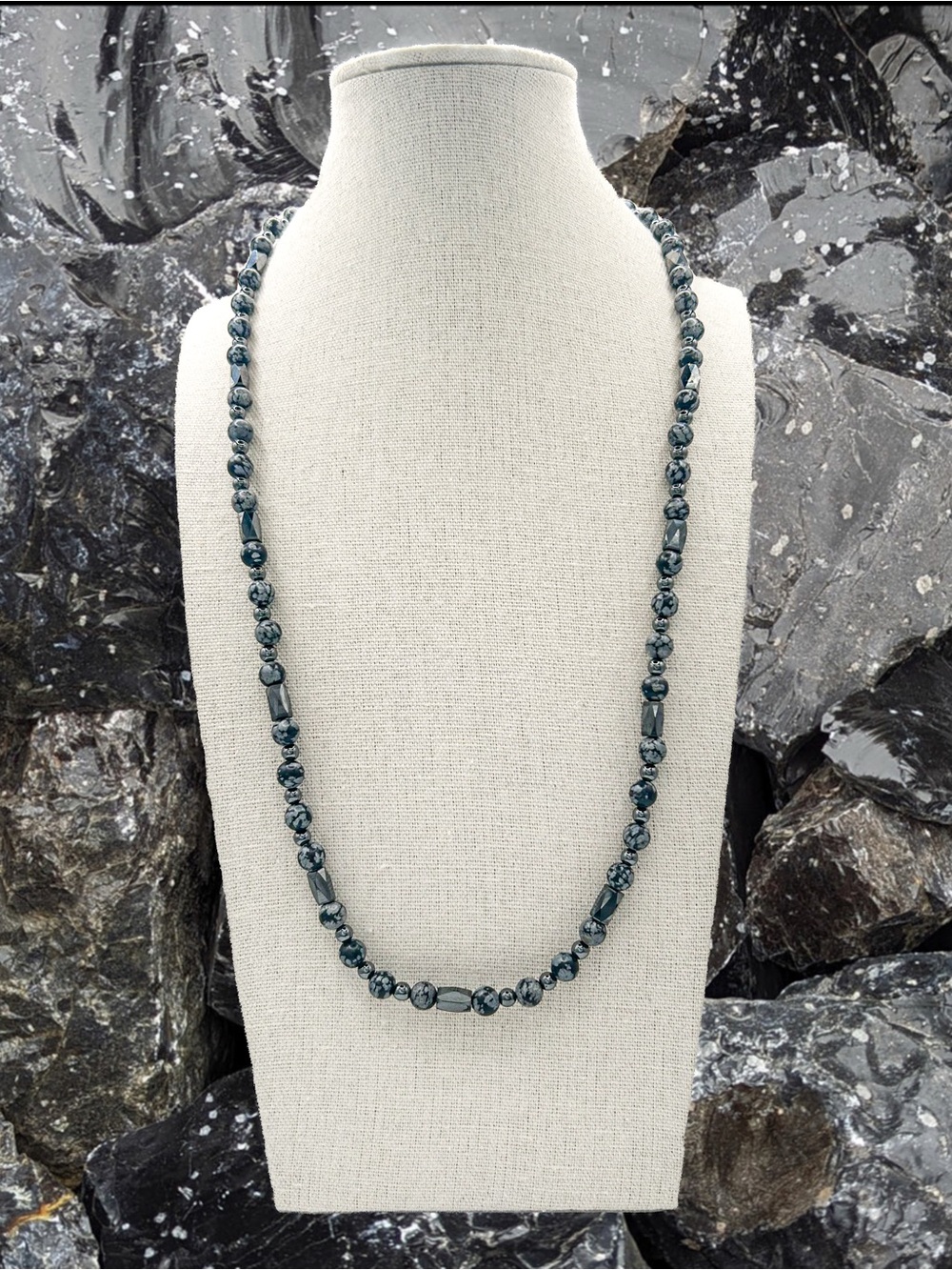 Vintage Snowflake Obsidian & Black Spinel Lariat Necklace, Self-Securing Magnets